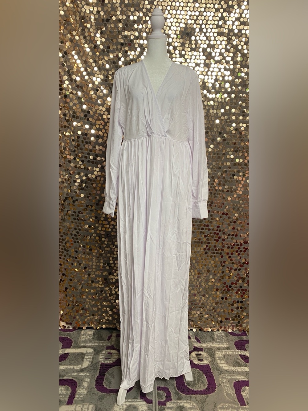 V-Neck White Maxi Dress Long Sleeve #1615